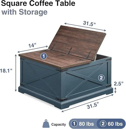 Farmhouse Square Coffee Table with Storage, Wood Center Table with Hinged Lift Top, Rustic Cocktail Table with Large Hidden Storage Compartment for Living Room, Bedroom,Blue - LeafyLoom