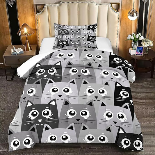 Cat Comforter Set Twin Size - 2Pcs Grey Cat Bedding Set for Boys Girls Teens Cute Animals Themed Bedding Set Warm Ultra Soft Cartoon Cat Quilt Cover with 1 Pillowcase for Kids Room Decor - LeafyLoom