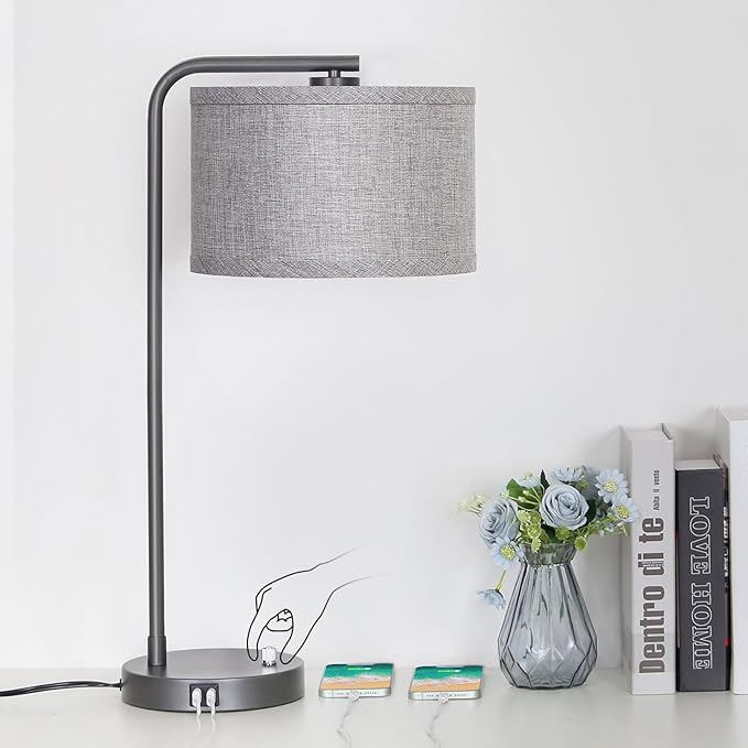 Gray Bedside Lamp with Dual USB Charging Ports, Fully Dimmable Modern Nightstand Lamp with Grey Fabric Shade, Tall Reading Lamp Desk Lamp for Bedroom Living Room Office with 3000K LED Bulb - LeafyLoom