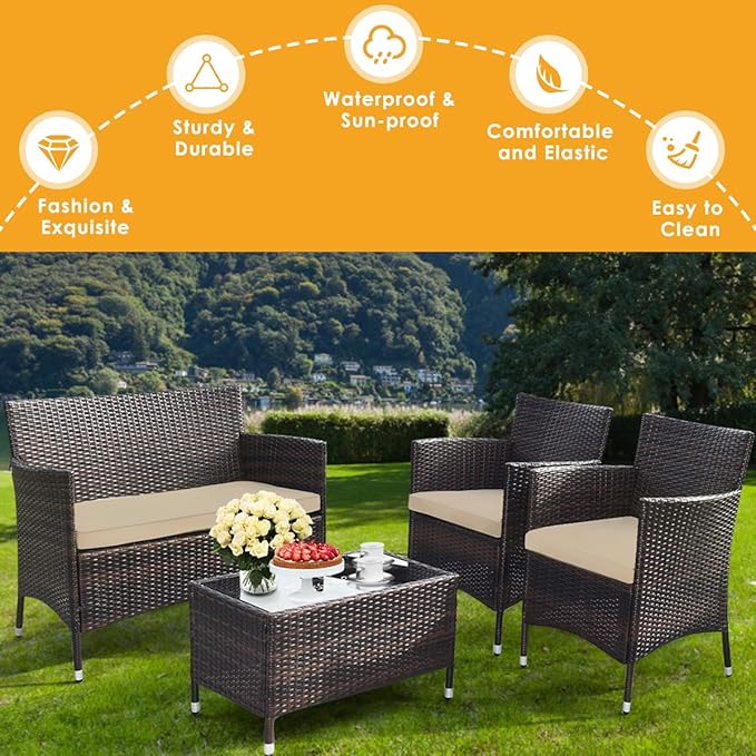 Goplus 4-Piece Rattan Patio Set, Outdoor/Indoor Wicker Conversation Set for Pool, Backyard, Lawn, Wicker Chairs and Sofa with Soft Cushion, Rattan Furniture with Tempered Glass Coffee Table - LeafyLoom