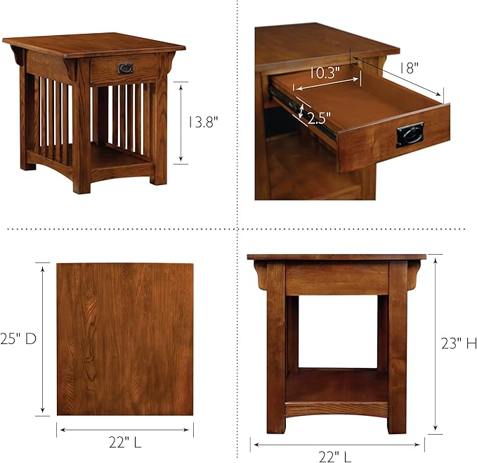 Leick Home 82287 Corner Stand with Bookcase Ends TV's, 50-inch, Mission Oak & ture Mission Drawer End Table, Solid ash and oak veneers, 22 in x 25 in x 23 in, Russet - LeafyLoom