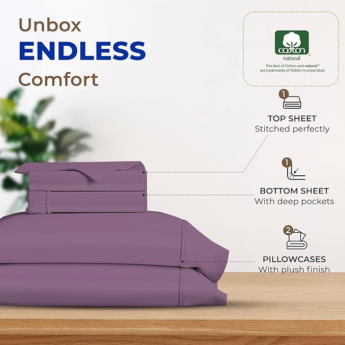 THREAD SPREAD 100% Egyptian Cotton Sheets California King Size - 600 Thread Count 4 PC Luxury Sheets Cal King Size, Soft, Cooling Hotel Luxury Bed Sheets & Pillowcases, Fits Mattress upto 18" - Plum - LeafyLoom