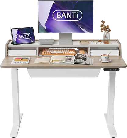 BANTI Height Adjustable Electric Standing Desk with Three Drawers, 48 x 25 Inch Table with Storage Shelf, Sit Stand Desk with Storage Space, Splice Board with White Frame/Light Walnut Top, 48 inch - LeafyLoom