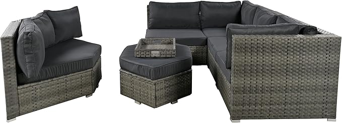 Patio 7-Piece Set, Half-Moon Curved Sectional Sofa Outdoor Rattan Furniture with Ottoman and No-Slip Cushions for Balcony, Porch, Garden, Zc-Grey - LeafyLoom