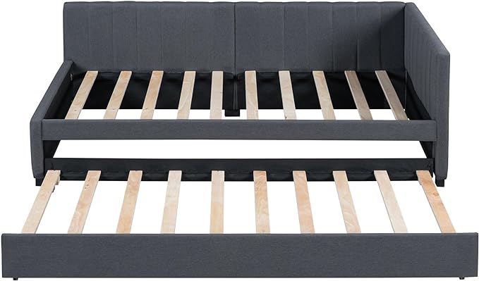 Twin Size Upholstered Linen Daybed with 2 Trundle,Semi-Closed Design,Solid Wood Bed Frame,W/Backrest and Slat Support,No Box Spring Needed,for Apartment Bedroom,Gray - LeafyLoom