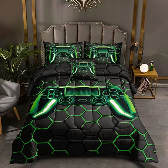 6 Pieces Gaming Bedding Set for Boys Gamer Comforter Set Full Size,Video Game Comforter for Kids Adult 3D Gaming Geometric Microfiber Bedding Sets 6 Pieces Bed in A Bag Sets H50021,Full - LeafyLoom