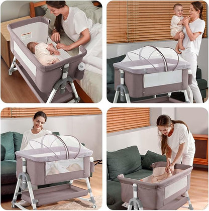 4 in 1 Baby Bassinet, Rocking Bassinets Bedside Sleeper with Comfy Mattress and Wheels, Height Adjustable Easy Folding Portable Bedside Crib for Newborn Infant,Khaki - LeafyLoom