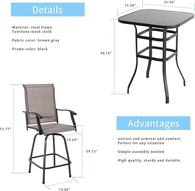 Shintenchi Patio Swivel Bar Set, All Weather Textile Fabric Outdoor High Stool Bistro Set with 2 Bar Chairs and Glass Table for Home, Backyard, Garden, Lawn, Porch (Brown), 3 Pieces - LeafyLoom