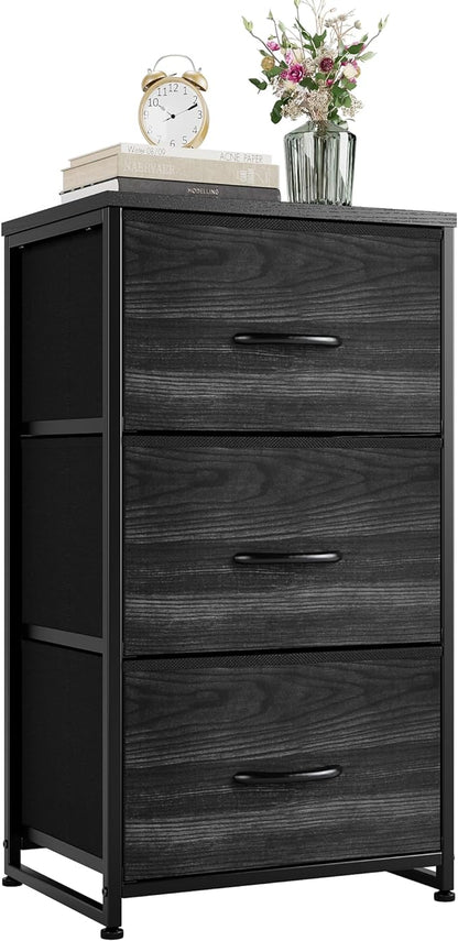 Nicehill Nightstand, Dresser with 3 Drawers, Bedside Table Chest of Drawers, Small Dresser for Bedroom, Kids' Room, Closet, Kids Dresser with Wooden Top Steel Frame, Modern, Black Wood Grain - LeafyLoom