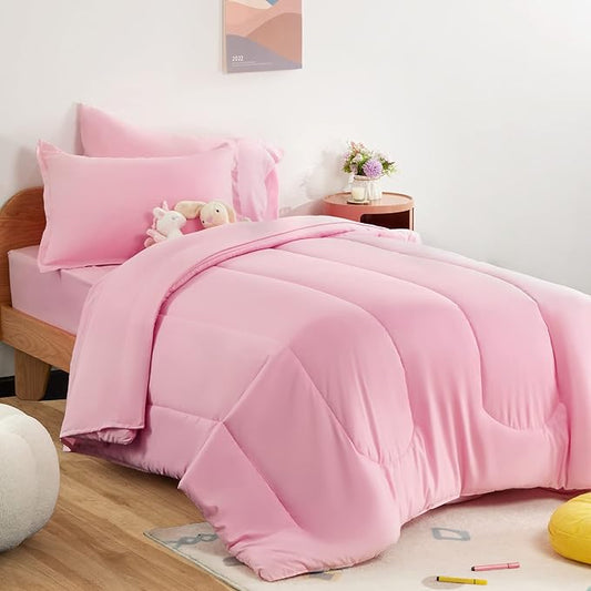 SLEEP ZONE Kids Bedding Comforter Set Full/Queen Size - Super Cute & Soft Kids Bedding 7 Pieces Set with Comforter, Sheet, Pillowcase & Sham (Ballet Pink Color) - LeafyLoom