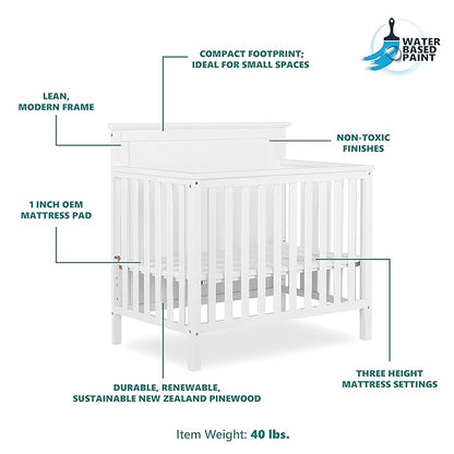 Ava 4-in-1 Convertible Mini Crib in White, Greenguard Gold Certified, Non-Toxic Finish, Comes with 1" Mattress Pad, with 3 Mattress Height Settings - LeafyLoom