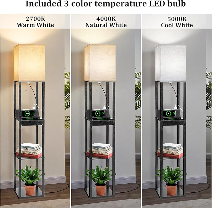 Dott Arts 【Upgraded】 Floor Lamp with Shelves,Shelf Floor Lamps for Living Room with Wireless Charger - LeafyLoom