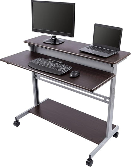 Stand Up Desk Store Rolling Adjustable Height Two Tier Standing Desk Computer Workstation (Silver Frame/Dark Walnut Top, 48" Wide) - LeafyLoom