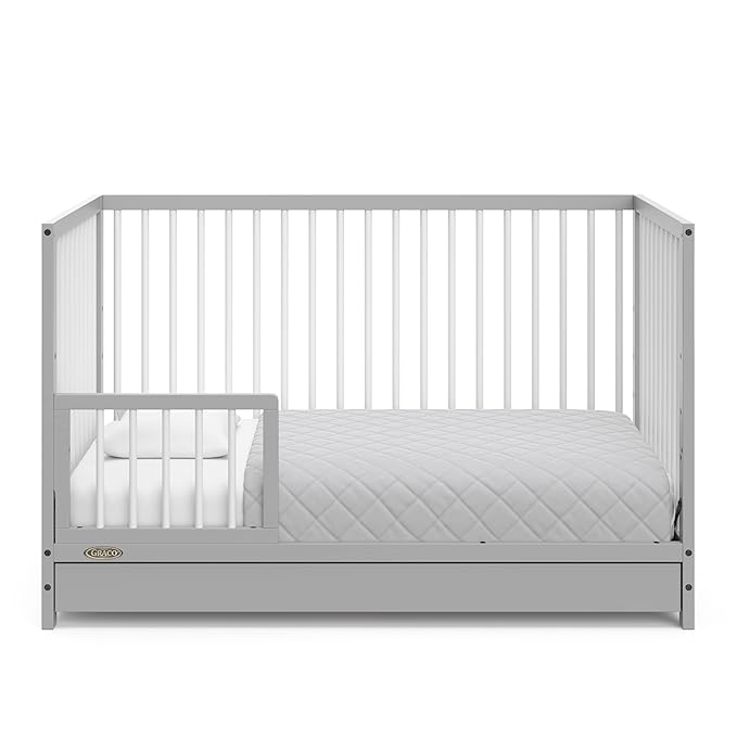 Graco Teddi 5-in-1 Convertible Crib with Drawer (Pebble Gray with White) – GREENGUARD Gold Certified, Crib with Drawer Combo, Full-Size Nursery Storage Drawer, Converts to Toddler Bed - LeafyLoom