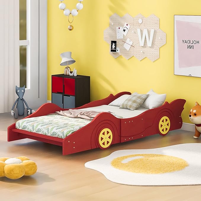 Car Shaped Toddler Bed with Wheels,Racecar Platform Beds W/Safety Guardrail,Slats Support,Stylish Design,Easy Assembly,Wood Twin Bedframe for Boys Toddlers Kids Teens Bedroom,Red - LeafyLoom