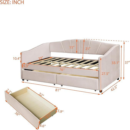 Twin Size Upholstered Daybed with Two Drawers, Wood Slat Support Sofa Bed with Armrest, No Box Spring Needed, Easy to Assemble, for Studio, Bedroom, Living, Guest Room, Beige - LeafyLoom