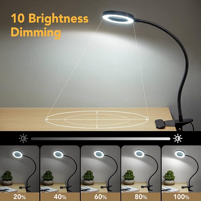 Magnifying Glass with Light 5X, 9w Clip on Light, 48 LED Desk Lamp wtih Clamp Light, 3 Modes Dimmable Magnifying LED Lamps for Bed Work Crafts Workbench - LeafyLoom