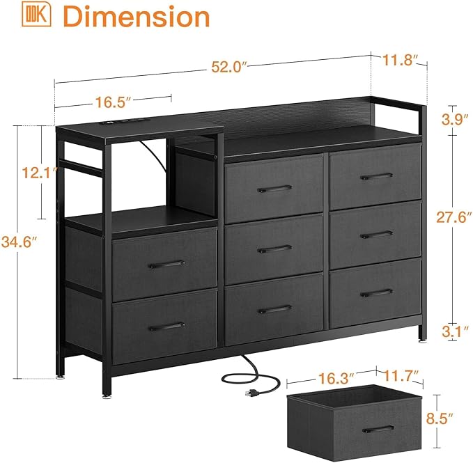 ODK Dresser with Charging Station, 52-Inch Long Dresser TV Stand for Bedroom, Large Dresser with 8 Storage Drawers, Chest of Drawers Easy-Pull Fabric Dressers for Living Room, Black - LeafyLoom