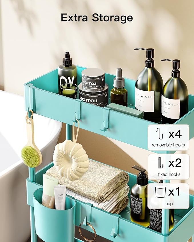 Pipishell Slim Storage Cart with Wheels, Bathroom Cart Organizer Bathroom Storage Small, Rolling Cart for Bathroom, Laundry Room, Kitchen, Narrow Space, Turquoise PIUC04TB - LeafyLoom