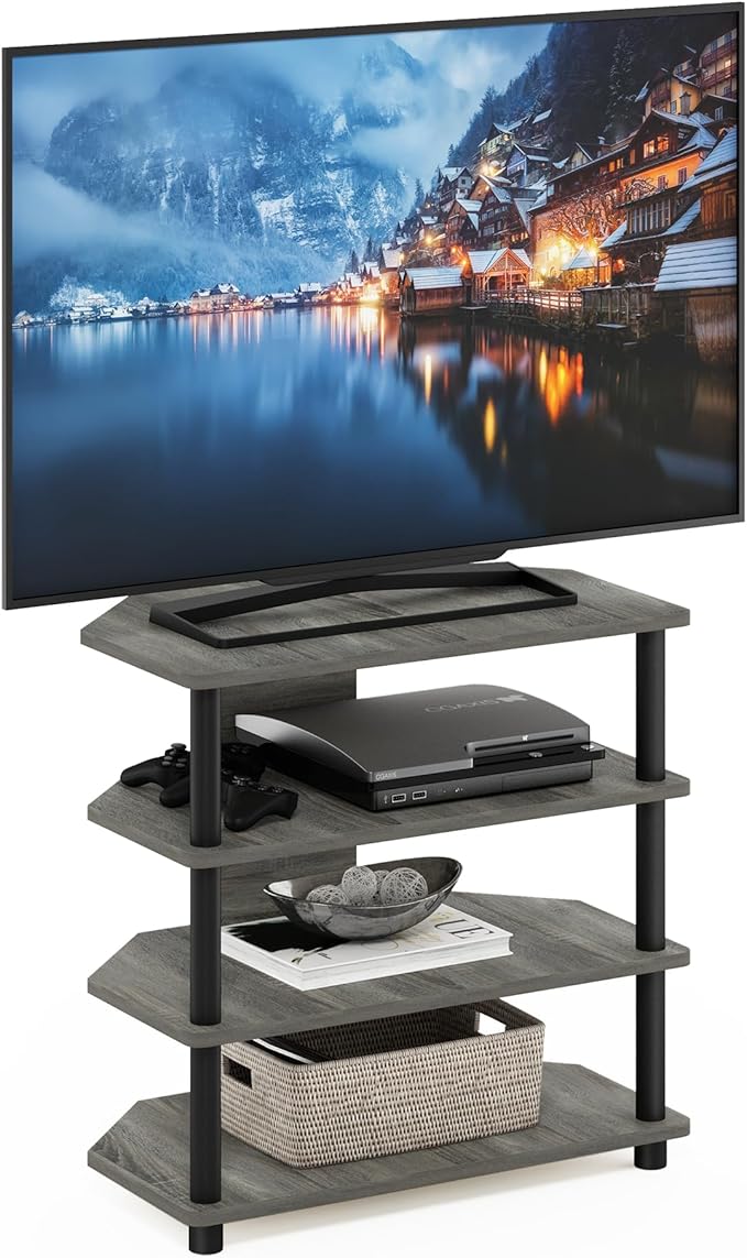 Furinno Turn-N-Tube Easy Assembly 4-Tier Petite Entertainment Center / TV Stand / TV Unit / TV Desk, French Oak Grey/Black - LeafyLoom