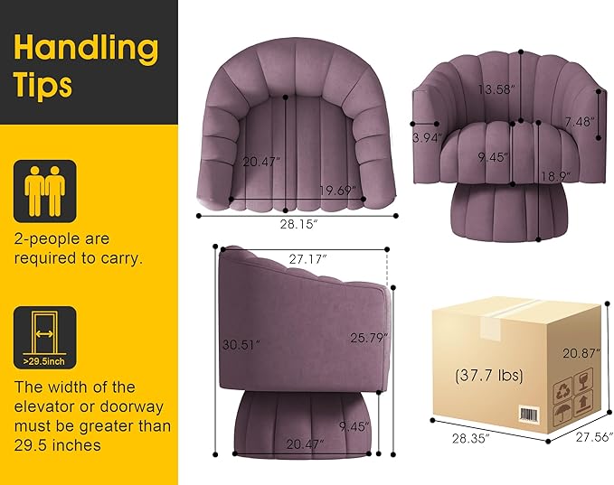 Accent Chair Mid Century 360 Degree Swivel Chair,Modern Lounge Sofa Round Barrel Chair with Wide Upholstered,Fluffy Velvet Fabric Chairs for Home Sofa Living Room/Bedroom/Waiting Room(Purple) - LeafyLoom