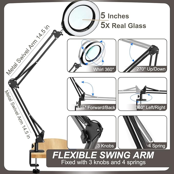 VEEMAGNI 5 Inch Large Magnifying Glass with Light and Stand, 5 Color Modes Stepless Dimmable, Long Swivel Arm LED Clamp Desk Lamp, Hands Free 8X Lighted Magnifier for Close Work Craft Hobby Soldering - LeafyLoom