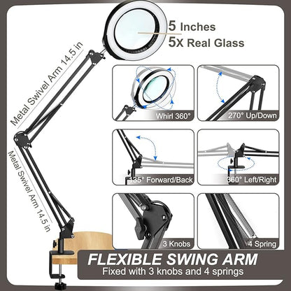 VEEMAGNI 5 Inch Large Magnifying Glass with Light and Stand, 5 Color Modes Stepless Dimmable, Long Swivel Arm LED Clamp Desk Lamp, Hands Free 8X Lighted Magnifier for Close Work Craft Hobby Soldering - LeafyLoom