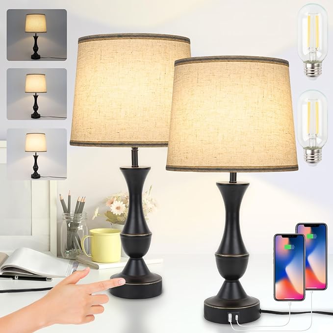 Touch Lamps for Bedrooms Set of 2, Farmhouse Table Lamp with USB C Charging Port, 3 Way Dimmable Nightstand Lamps with Linen Fabric Lampshade for Bedroom, Living Room (Pack2-Black) - LeafyLoom