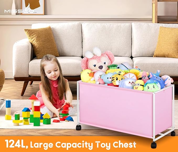 MISSLO Large Kids Toy Box for Girls with Wheels Toy Chest for Toddlers Toy Storage Organizer Big Toy Bin, 124L, Pink - LeafyLoom