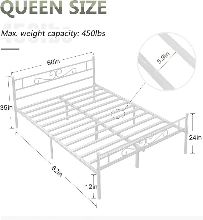 VECELO Queen Size Bed Frame with Headboard, 14 Inch Metal Platform Mattress Foundation, No Box Spring Needed, Squeak Resistant, Easy Assembly, White - LeafyLoom