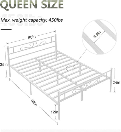 VECELO Queen Size Bed Frame with Headboard, 14 Inch Metal Platform Mattress Foundation, No Box Spring Needed, Squeak Resistant, Easy Assembly, White - LeafyLoom