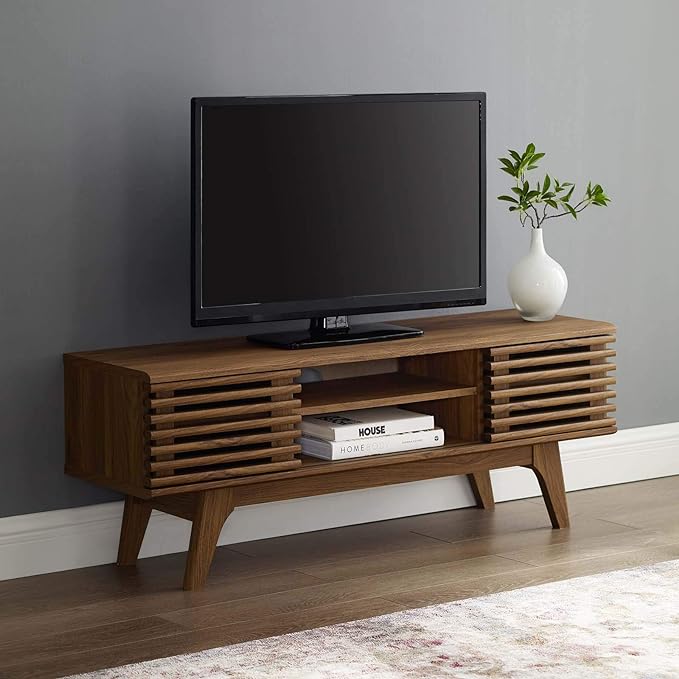 Modway Render 46" Mid-Century Modern Low Profile Media Console TV Stand, 46 Inch, Walnut - LeafyLoom