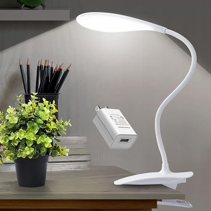 LED Desk Lamp Eye-caring Clamp Light Clamp Lamps Reading Lights with USB Port, 360°Flexible Gooseneck Bed Night Light (Include AC Power Plug) - LeafyLoom