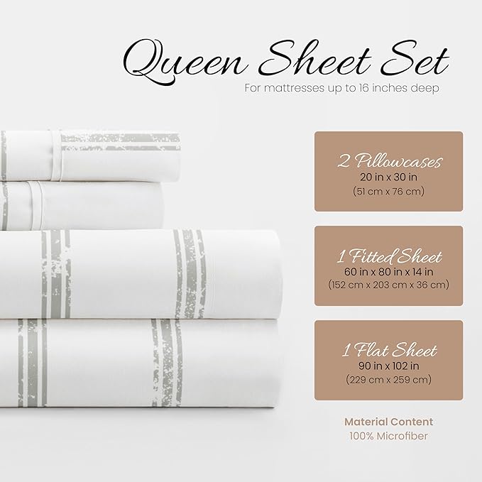 Linen Market 4 Piece Queen Bedding Sheet Set (Light Gray Lines) - Sleep Better Than Ever with These Ultra-Soft & Cooling Bed Sheets for Your Queen Size Bed - Deep Pocket Fits 16" Mattress - LeafyLoom