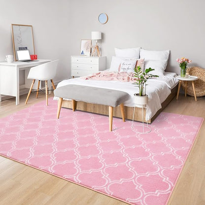 Chicrug Shag Geometric Modern Area Rug for Bedroom, 5x7 Feet Memory Foam Indoor Carpet, Fluffy Rug for Living Room Bedside Room Decor for Family Girls Kids Nursery Play Mat, Pink/White - LeafyLoom