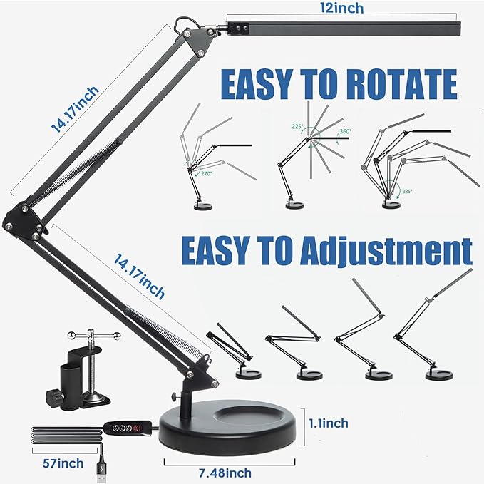 LED Desk Lamp with Clamp and Round Base, Swing Arm Eye Caring Table Lamp, 3 Color Modes 10 Brightness Levels, Memory Function Lamp with USB Adapter, Desk Light for Home Office 14W Black - LeafyLoom