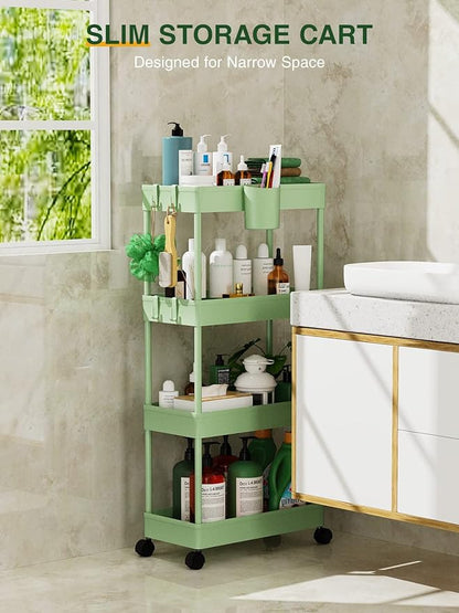 LEHOM Slim Rolling Storage Cart - 4 Tiers Bathroom Organizer Utility Cart Slide Out Storage Shelves Mobile Shelving Unit for Kitchen, Bedroom, Office, Laundry Room, Small Narrow Spaces, Green - LeafyLoom