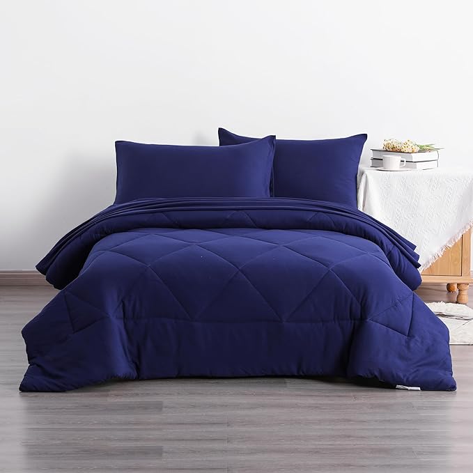 NTBAY Twin Comforter Set with Sheets, 5 Pieces Soft and Breathable Twin Bedding Set, Twin Bed in a Bag, Down Alternative Comforter Set Solid Color All Season, Kids Bedding Set, Navy Blue - LeafyLoom