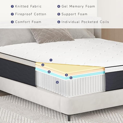 Hybrid King Mattress 12 Inch, King Size Spring Gel Memory Foam Mattress, Medium Firm King Mattresses in a Box, Hybrid Coil Innerspring Mattress for Adjustable Bed Frame, White Grey - LeafyLoom