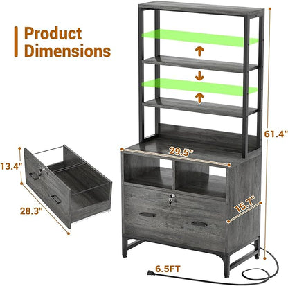 Homieasy File Cabinet with Charging Station, Vertical Filing Cabinet with Lock & Large Drawer, Printer Stand with Storage Shelves, Office Storage Cabinet fits Letter/A4/Legal Size, Grey - LeafyLoom