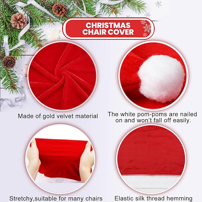 Christmas Chair Covers Set of 4,Red and White Santa Claus Hat Chair Back Covers for Xmas Holiday Festival Indoor Kitchen Bar Counter Stools Decorations Dining Room Table Decor Satxtrem