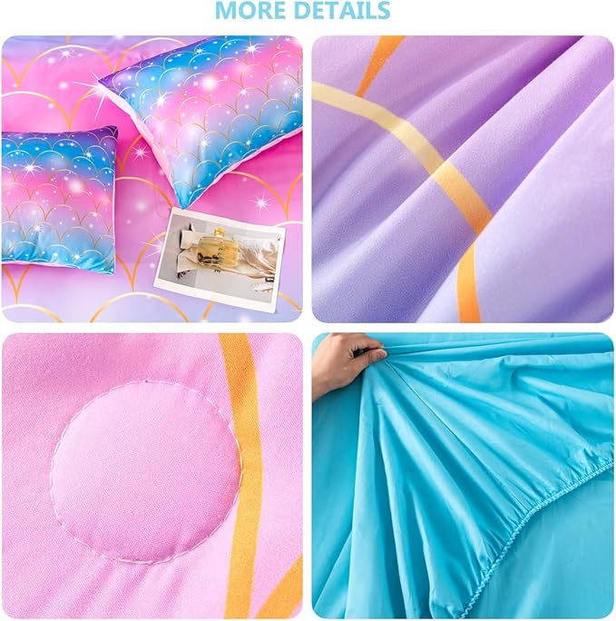 PERFEMET Pink Mermaid Comforter Set Full Size 6 Pieces Bed in A Bag Colorful Rainbow Bedding Set for Teens Girls 3D Sparkly Glitter Ombre Bed Set with Comforter and Sheets (Pink Mermaid, Full) - LeafyLoom