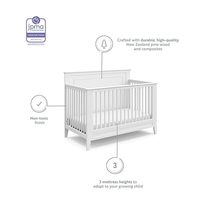 Storkcraft Solstice 5-In-1 Convertible Crib (White) – GREENGUARD Gold Certified, Converts to Toddler Bed and Full-Size Bed, Fits Standard Full-Size Crib Mattress, Adjustable Mattress Support Base - LeafyLoom