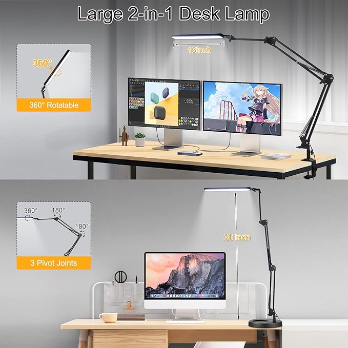 NOEVSBIG LED Desk Lamp with Clamp,2-in-1 Clamp on Desk Lamp with Base,50.7" Adjustable Swing Arm Architect Desk Lamp,Memory Function Desk Lights for Home Office,Workbench,Reading,Craft,Drafting - LeafyLoom