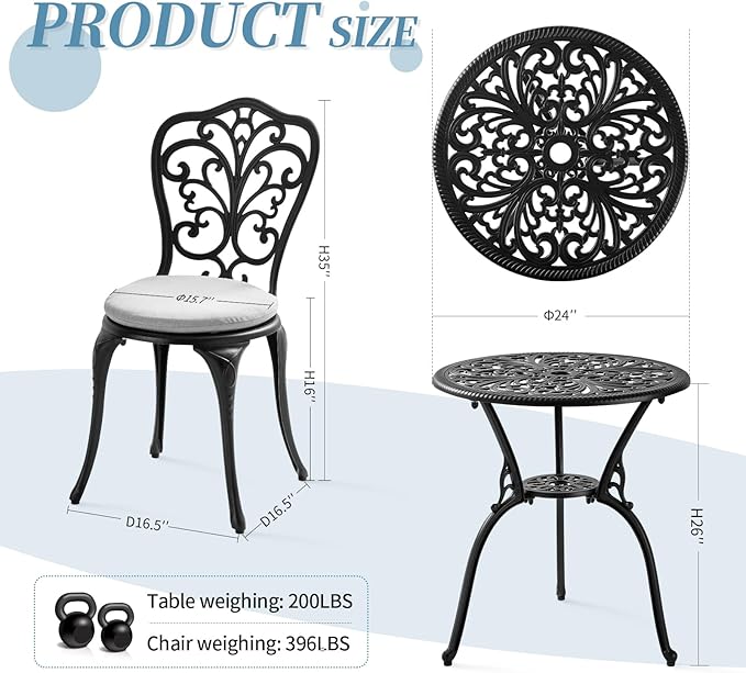 3 Piece Bistro Patio Set Cast Aluminum Bistro Table and Chairs Set of 2 with Cushion,Outdoor Bistro Table Set with Umbrella Hole,Metal Patio Furniture Set for Garden,Black - LeafyLoom