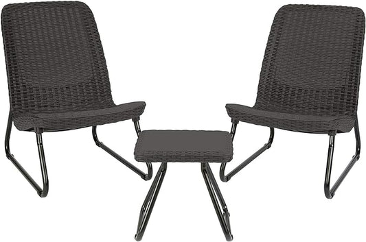 Keter Rio 3 Piece Resin Wicker Patio Furniture Set with Side Table and Outdoor Chairs, Dark Grey - LeafyLoom