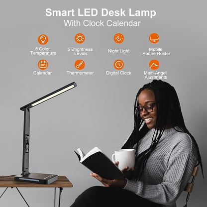 poukaran Desk Lamp, LED Desk Lamp with Wireless Charger, USB Charging Port, Table Lamp with Night Light, Desk Lights with Clock, Alarm, Date and Temperature, Black - LeafyLoom