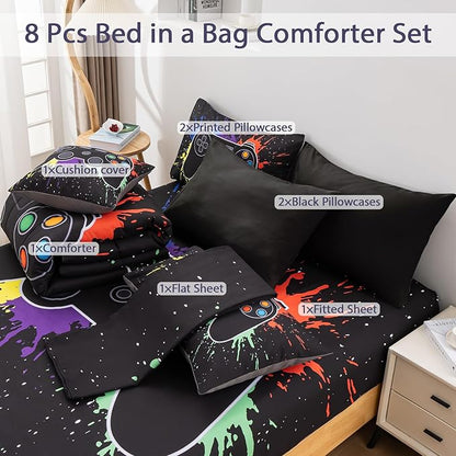 8Pcs Gamer Comforter Set with Sheets for Boys Girls Kids Teens, Colorful Graffiti Gaming Themed Bed in A Bag Queen Size, Black 3D Video Game Controller Bedroom Decor Bedding Set-Black - LeafyLoom