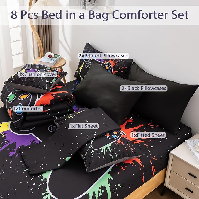 8Pcs Gamer Comforter Set with Sheets for Boys Girls Kids Teens, Colorful Graffiti Gaming Themed Bed in A Bag Twin Size, Black 3D Video Game Controller Bedroom Decor Bedding Set-Black - LeafyLoom