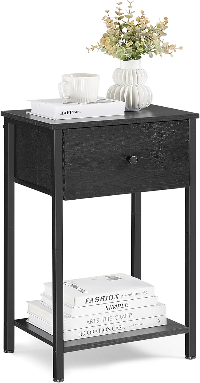 VASAGLE Nightstand, Side Table with Fabric Drawer, 24-Inch Tall End Table with Storage Shelf, Black ULGS021B21 - LeafyLoom